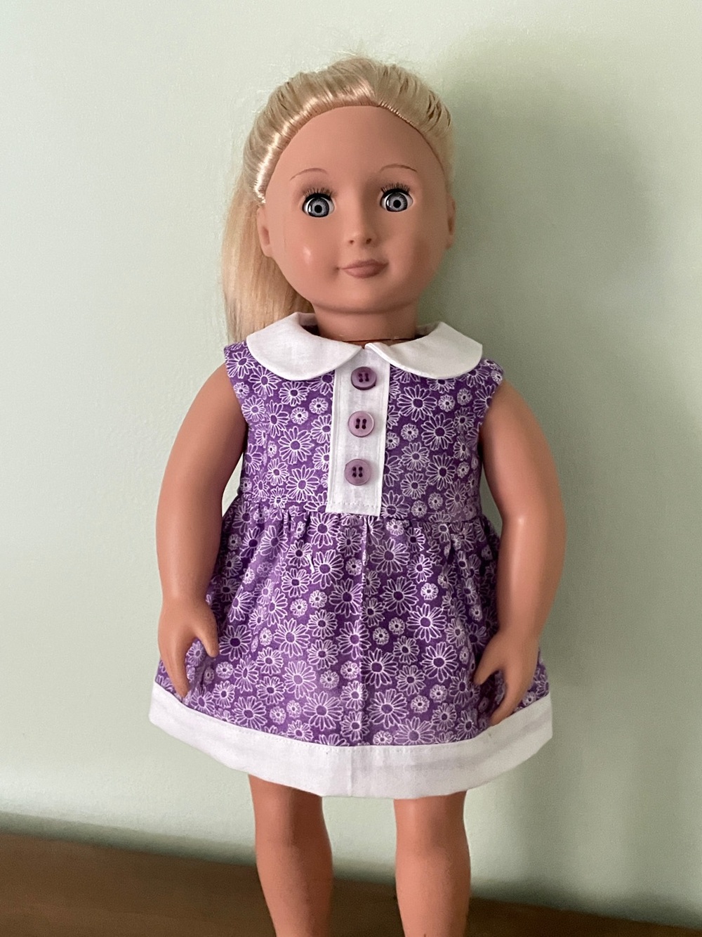 Purple Floral Doll Dress with White Collar and Trim - Kids Toy Outfit
